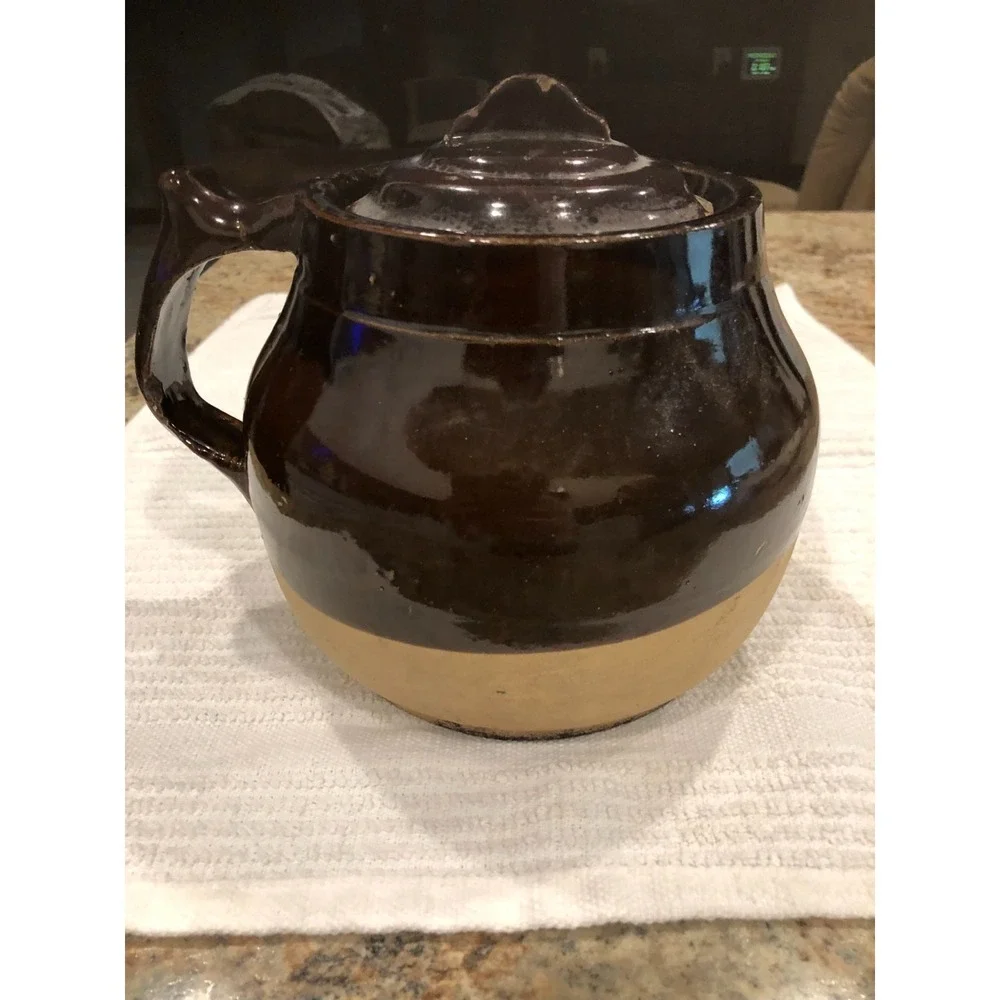 Antique Stoneware Bean Pot With Lid